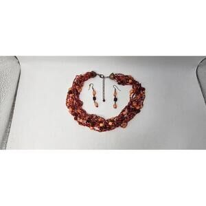 Vintage Y2K Orange Multicolor Glass Stone Multi-Strand Beaded Necklace Earring